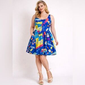 ModCloth bright, blue, yellow pink tropical postcard print retro dress. 1X
